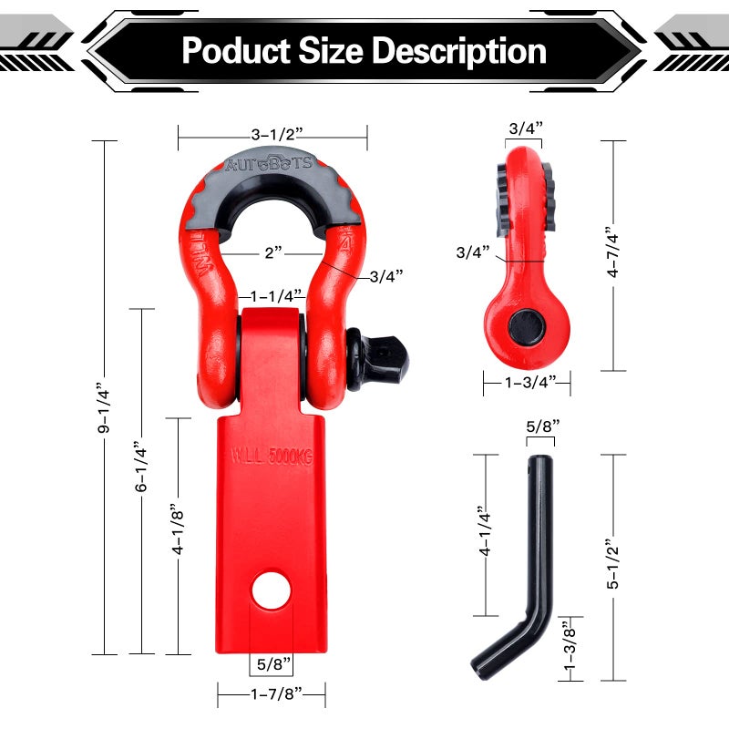 AUTOBOTS Shackle Hitch Receiver 2", 45,000 Lbs Break Strength Heavy Duty Receiver with 5/8" Screw Pin, 3/4" D Ring Shackles, Towing Accessories for Vehicle Recovery Off-Road, Red&Red - Image 3